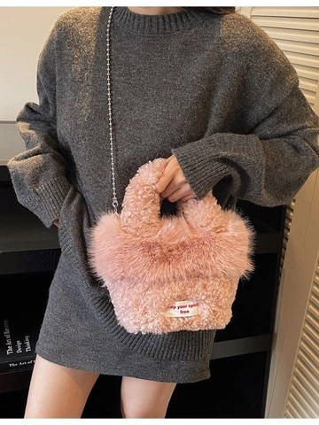 Damen Herbst Winter Plüsch Kunstpelz Eimertasche Lässige Faux Lammwolle Handtasche Mit Metallkettenriemen Buchstaben-Etikett