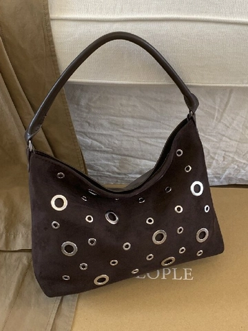 Sac à Épaule en Cuir PU Suède Vintage pour Femmes Sac Hobo avec Rivets et Oeillets Sac Sous le Bras Grande Capacité Sac à Main Rétro Style Industriel