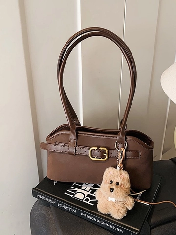 Retro Matte PU Leather Underarm Bag For Women Fashion Commute Shoulder Bag With Detachable Plush Animal Charm Solid Color Handbag