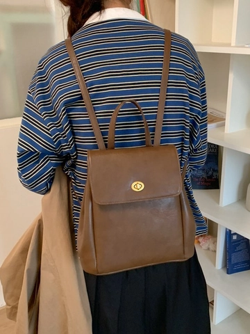 Zaino da Donna in Pelle PU Stile Vintage Britannico Pendolare Piccolo Minimalista Retro Patta Chiusura a Girello Cartella