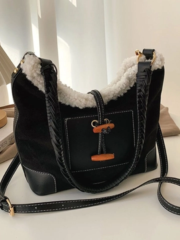 Borsa Hobo da Donna in Peluche con Finiture in Lana d'Agnello Sintetica Vintage Borsa a Tracolla Pendolare con Bottone in Legno