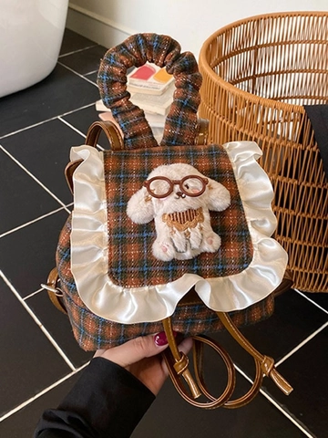 Koreaanse Stijl Ruitjes Mini Rugzak Voor Vrouwen Meisjes Schattige Strik Kant Ruffle Preppy Kleine Rugzak Met Poppendecoratie PU Stof Schooltas