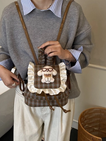 Koreaanse Stijl Ruitjes Mini Rugzak Voor Vrouwen Meisjes Schattige Strik Kant Ruffle Preppy Kleine Rugzak Met Poppendecoratie PU Stof Schooltas