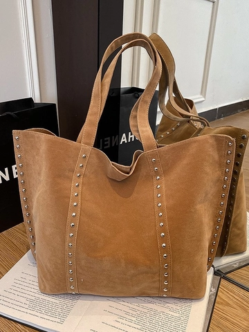 Borsa Tote in Pelle PU Scamosciata Vintage Con Rivetti Argento Borsa a Spalla Sottobraccio Grande Capacità per Donna Borsa da Pendolare