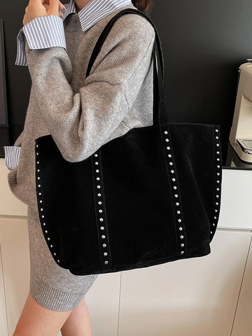 Borsa Tote in Pelle PU Scamosciata Vintage Con Rivetti Argento Borsa a Spalla Sottobraccio Grande Capacità per Donna Borsa da Pendolare