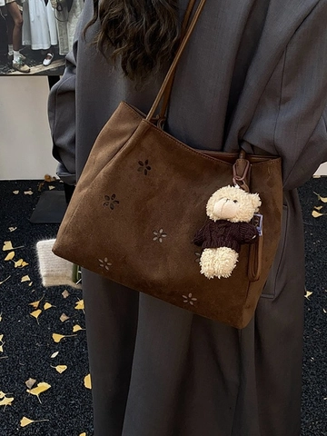 Vintage Korean Style Large Capacity PU Tote Bag Laser Cutout Floral Shoulder Bag With Plush Bear Pendant For Women Casual Daily Underarm Bag