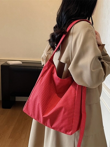 Borsa Tote da Donna in Tessuto Oxford Grande Capacità Gingham a Griglia Casual Tracolla Regolabile Pendolarismo Quotidiano