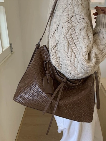 Borsa Tote da Donna in Pelle PU con Trama Intrecciata Grande Capacità Borsa a Spalla Retrò Borsa a Tracolla Moda con Pendente Decorativo