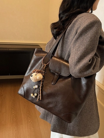 Vintage Maillard Style PU Leather Large Capacity Tote Bag For Women Fashion Commuter Shoulder Bag With Pleated Stitching Detail
