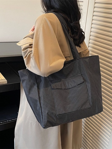 Grande Capacità Borsa Tote in Tessuto Oxford a Quadri da Donna Moda Griglia Borsa a Spalla per Pendolarismo Scuola Quotidiana Casuale Borsa a Mano