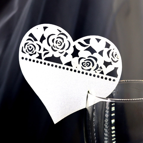 Heart Shape Laser Cut Rose Flower Wine Glass Place Cards Pearl Paper Name Cards For Wedding Party Table Decorations