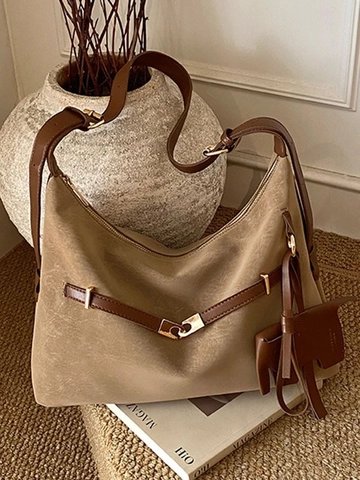 Women Large Capacity PU Leather Hobo Bag Retro Suede Texture Shoulder Crossbody Bag Stitched Tote With Elephant Charm