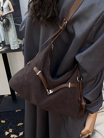 Women Large Capacity PU Leather Hobo Bag Retro Suede Texture Shoulder Crossbody Bag Stitched Tote With Elephant Charm