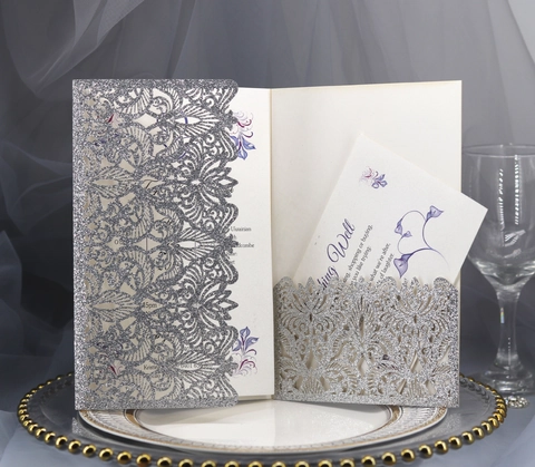 Tarjetas de Invitación de Boda de Lujo Europeo con Corte Láser y Purpurina Con Página Interior y Sobre Papel Perlado Oro Rosa