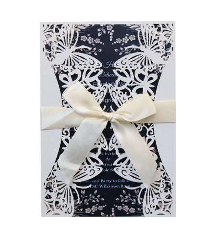 European Style Butterfly Laser Cut Wedding Invitation Card Set With Pearlescent Paper Ribbon Envelope For Party Dinner Ceremony