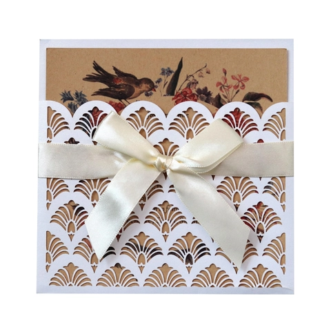 European Laser Cut Wedding Invitation Set Pearl Paper Cover Ribbon Bow Kraft Inner Card White Envelope For Banquet Party