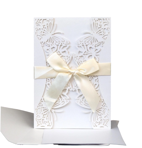 European Style Butterfly Laser Cut Wedding Invitation Card Set With Pearlescent Paper Ribbon Envelope For Party Dinner Ceremony