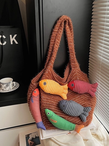 Borsa Tote in Maglia di Grande Capacità Con Decorazione a Pesce Colorato 3D Borsa a Tracolla Invernale in Peluche da Donna