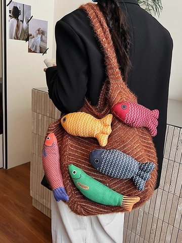 Borsa Tote in Maglia di Grande Capacità Con Decorazione a Pesce Colorato 3D Borsa a Tracolla Invernale in Peluche da Donna