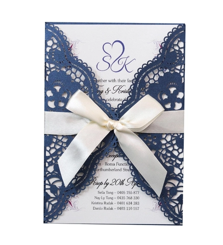 European Laser Cut Wedding Invitation Cards With Ribbon Bow Pearlescent Paper Hollow Lace For Engagement Anniversary Party