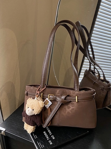 Borsa Sotto l'Ascella in Pelle PU Leopardata Retro Vintage Donna Borsa a Tracolla Opaca di Moda Con Ciondolo a Orso Peluche