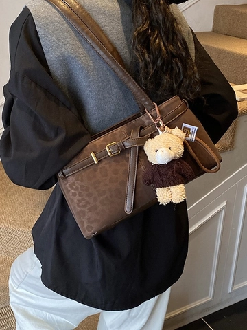 Borsa Sotto l'Ascella in Pelle PU Leopardata Retro Vintage Donna Borsa a Tracolla Opaca di Moda Con Ciondolo a Orso Peluche
