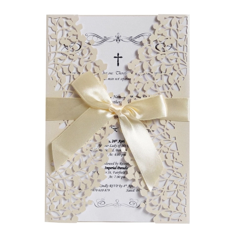 European Style Laser Cut Wedding Invitations Hollow Lace With Satin Bow Pearl Paper Engagement Cards For Banquet Party Invitation Greeting Cards