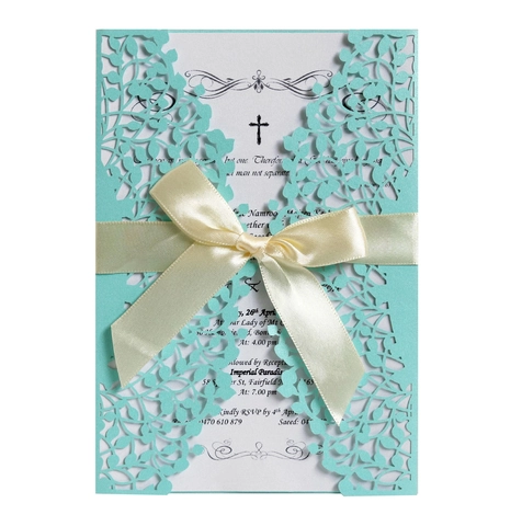 European Style Laser Cut Wedding Invitations Hollow Lace With Satin Bow Pearl Paper Engagement Cards For Banquet Party Invitation Greeting Cards