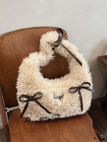 Women Faux Fur Plush Shoulder Bag Cute Bowknot Decoration Soft Underarm Handbag Solid Color Elegant Winter Fashion Bag