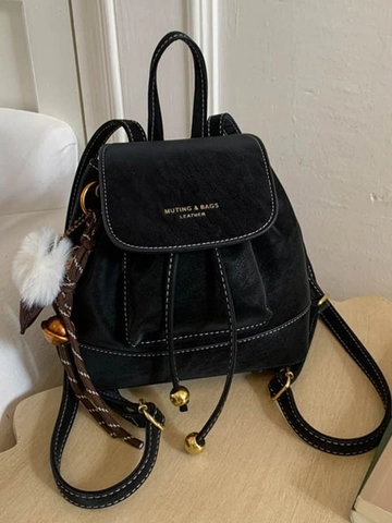 Koreanischer Stil Damen Mini PU Leder Rucksack Einfacher Kordelzug Klappe Kleiner Reisebeutel Mit Kontrastnähten