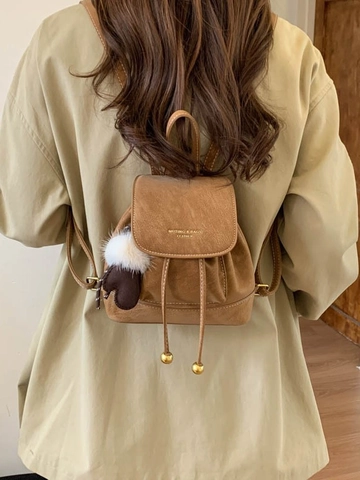 Koreanischer Stil Damen Mini PU Leder Rucksack Einfacher Kordelzug Klappe Kleiner Reisebeutel Mit Kontrastnähten