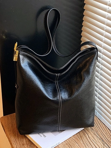 Vintage PU Leather Large Capacity Shoulder Bag For Women Contrast Stitching Retro Commuter Hobo Bucket Bag Fashion