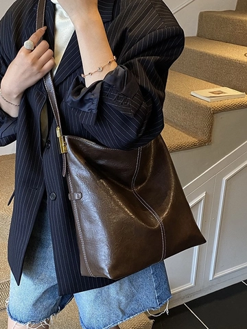 Vintage PU Leather Large Capacity Shoulder Bag For Women Contrast Stitching Retro Commuter Hobo Bucket Bag Fashion