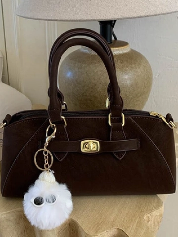 Bolso de Mano de Cuero PU Retro para Mujer Minimalista Color Sólido Bolso de Hombro Con Colgante Monstruo de Peluche Viaje Diario Bolso Bandolera Oro Cerradura