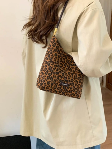 Borsa da Ascella in Pelle PU Retro da Donna Borsa a Tracolla Minimalista Pendolare Borsa a Secchiello Opaca Leopardata