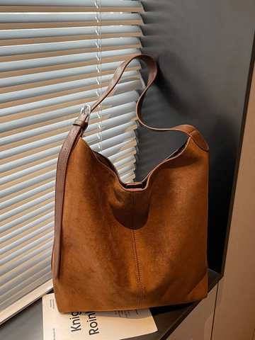 Vintage PU Suede Texture Large Capacity Tote Bag For Women Commuter Bucket Shoulder Bag Retro Solid Color Daily Handbag Office