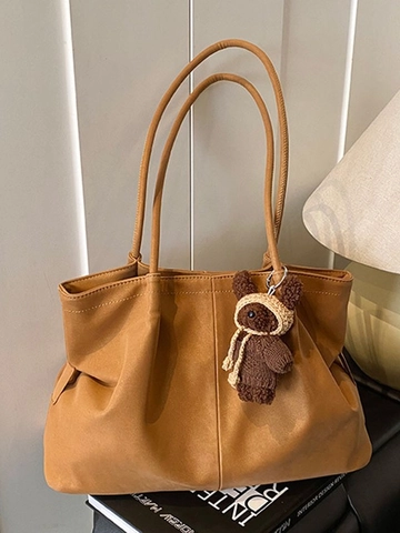 Borsa Tote Vintage da Donna di Grande Capacità in Pelle PU Borsa a Tracolla Pieghettata Casual Versatile Borsa per Studenti Con Orsetto