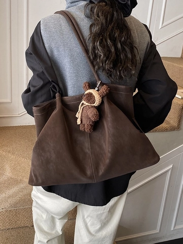 Borsa Tote Vintage da Donna di Grande Capacità in Pelle PU Borsa a Tracolla Pieghettata Casual Versatile Borsa per Studenti Con Orsetto