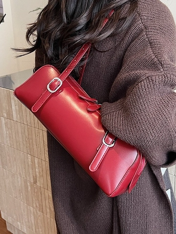 Bolso de Hombro Cilíndrico de Cuero PU Vintage para Mujer Minimalista Color Sólido Bolso de Axila Con Doble Correa Ajustable Estilo Coreano Viaje Diario Bolso Boston