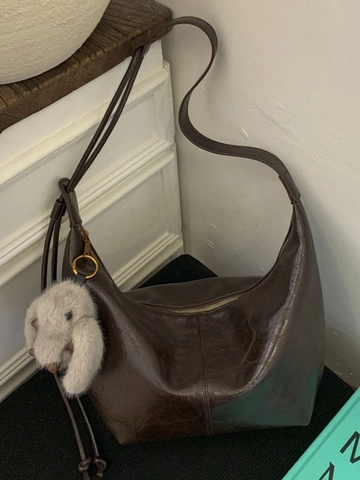 Women Retro Large Capacity PU Leather Hobo Bag Vintage Folded Shoulder Crossbody Bag With Plush Rabbit Pendant Fashion Handbag
