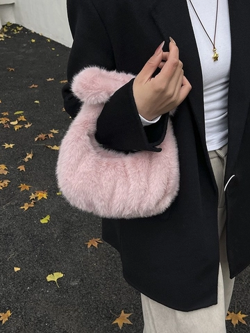 Borsa a Mano da Donna in Pelliccia Sintetica Plissettata Morbida Borsa Sottobraccio in Peluche Con Manico Annodato Invernale