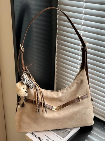 Borsa a Tracolla Hobo da Donna in Pelle PU Opaca di Grande Capacità Borsa a Spalla Retrò a Forma di Raviolo Con Ciondolo a Orsetto