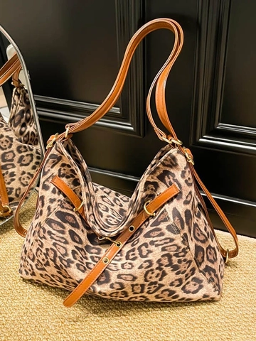 Borsa Tote da Donna Vintage con Stampa Leopardata Grande Capacità Tessuto Borsa a Spalla Versatile Hobo Bag per Lavoro Quotidiano