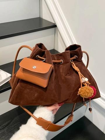 Vintage Wildlederimitat Plissee Beuteltasche Große Kapazität Lässig Kordelzug Schulter Umhängetasche Mit Mini-Beutel Pelzball
