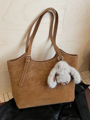 Women Retro Large Capacity PU Leather Tote Bag Commuter Shoulder Bag With Cute Rabbit Pendant Contrast Stitching Hobo Bag