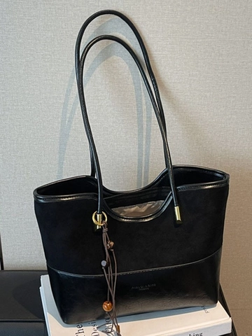 Bolso Shopper Vintage de PU y Gamuza para Mujer Bolso de Hombro Gran Capacidad Con Colgante de Borla y Cuentas de Madera Bolso de Mano Moda