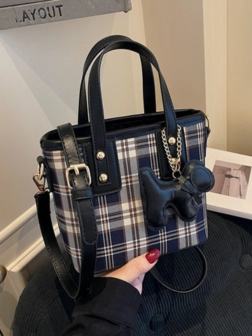 Vintage Mode Kariert Handtasche Beuteltasche Damen PU Leder Umhängetasche Schultertasche Kariert Pendler Tote Bag Mit Anhänger
