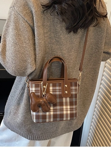 Vintage Mode Kariert Handtasche Beuteltasche Damen PU Leder Umhängetasche Schultertasche Kariert Pendler Tote Bag Mit Anhänger