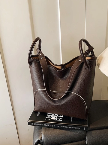 Bolso Bombonera de Cuero PU de Gran Capacidad para Mujer Minimalista Patrón de Lichi Pespuntes Bolso de Hombro Cruzado Tote