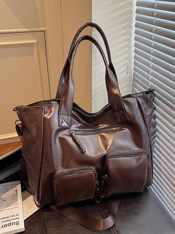 Vintage PU Leather Large Capacity Tote Bag For Women Casual Commuter Shoulder Bag With Multi Pockets Solid Color Handbag